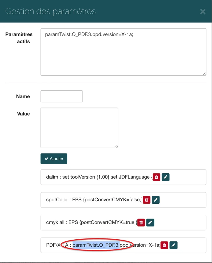Paramètres envoyés à TWIST depuis la plateforme