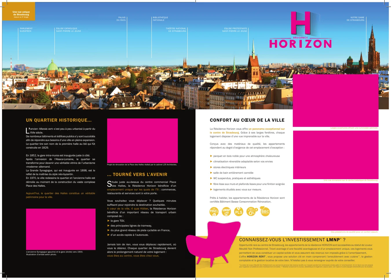 Dépliant de la résidence Horizon avec vue de Strasbourg et présentation des logements.