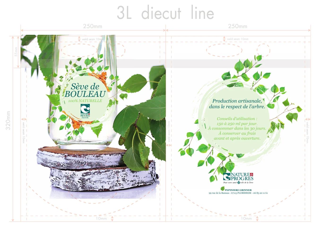 Habillage à plat d’une poche de sève de bouleau, graphisme végétal vert et blanc.