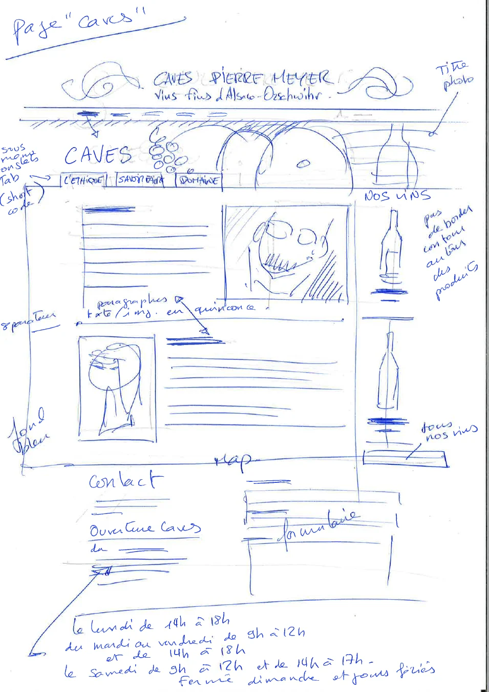 Croquis de préparation de la page Caves Pierre Meyer : zones de textes, images et navigation.