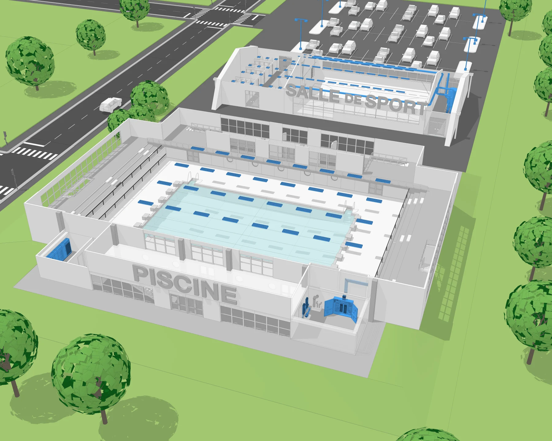 Sermes : illustration 3D d’origine, piscine et gymnase.