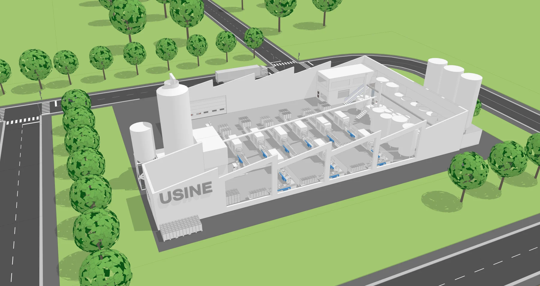 Sermes : illustration 3D d’origine, usine et production.