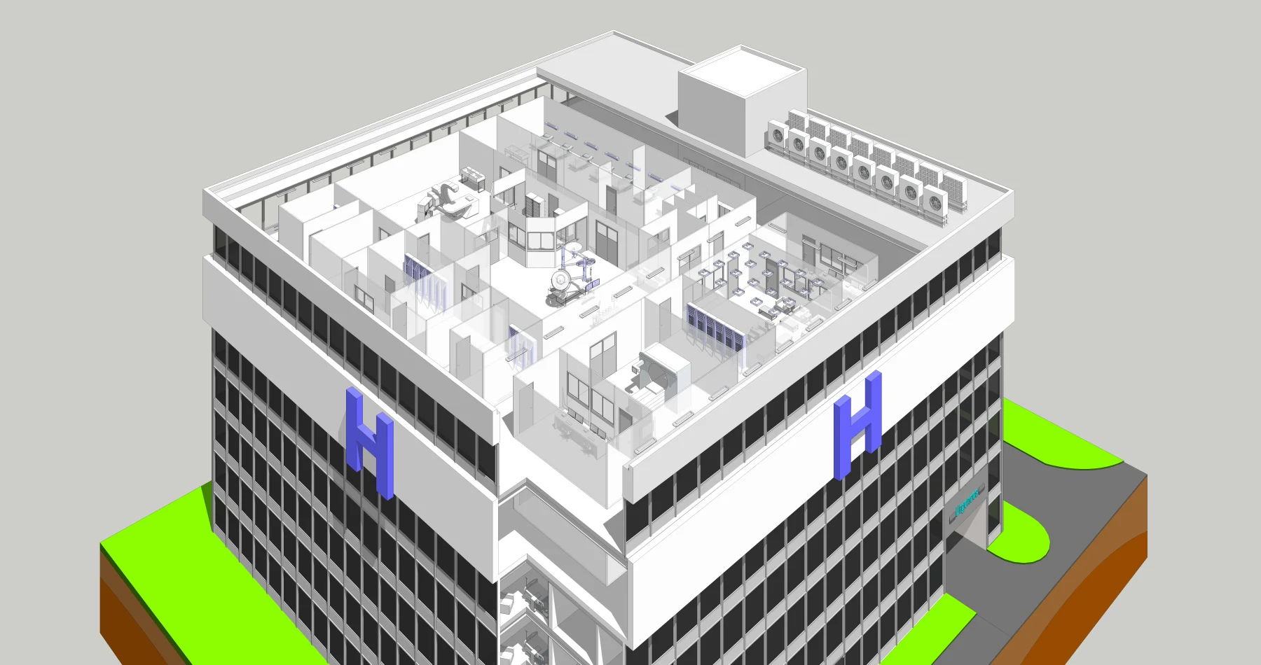 Vue 3D en coupe d’un hôpital, avec niveaux ouverts et pièces visibles.