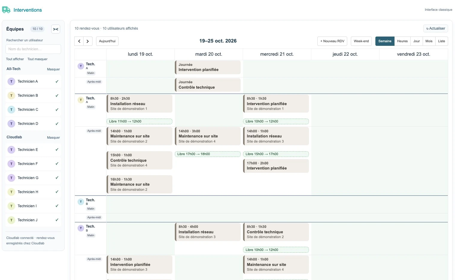 Planningtech · echte Schnittstelle, Demodaten