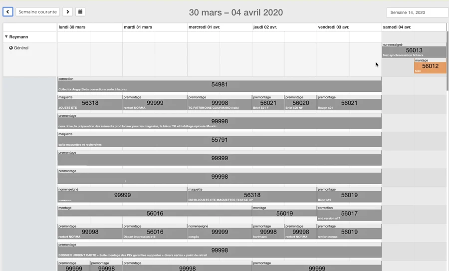 Vue hebdomadaire de l’application Rey’actif Planning, archive de 2020