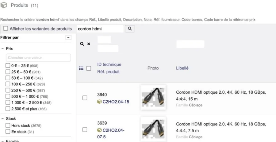 Dolibarr · recherche produit : Retrouver une référence parmi les variantes